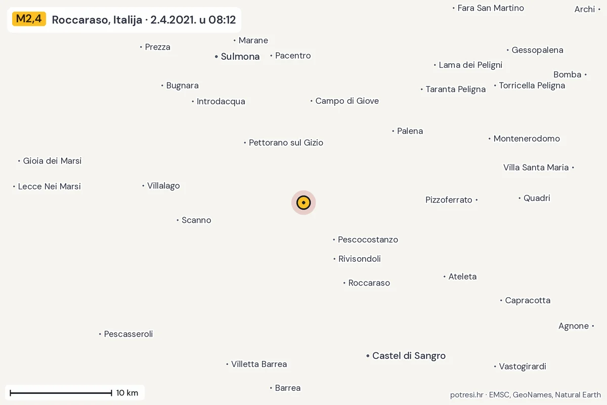 Karta: okolica epicentra, 60 km, potres M2,4, Roccaraso, Italija, 2.4.2021.