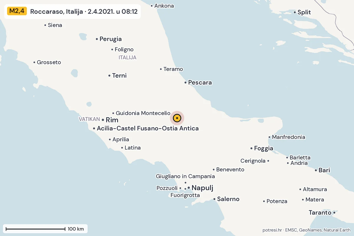 Karta: šire područje, 600 km, potres M2,4, Roccaraso, Italija, 2.4.2021.