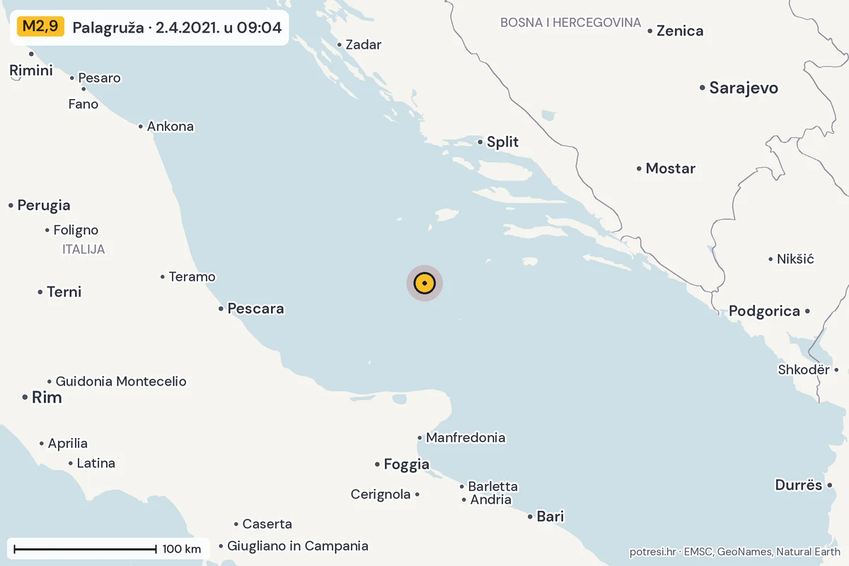 Karta: šire područje, 600 km, potres M2,9, Palagruža, 2.4.2021.