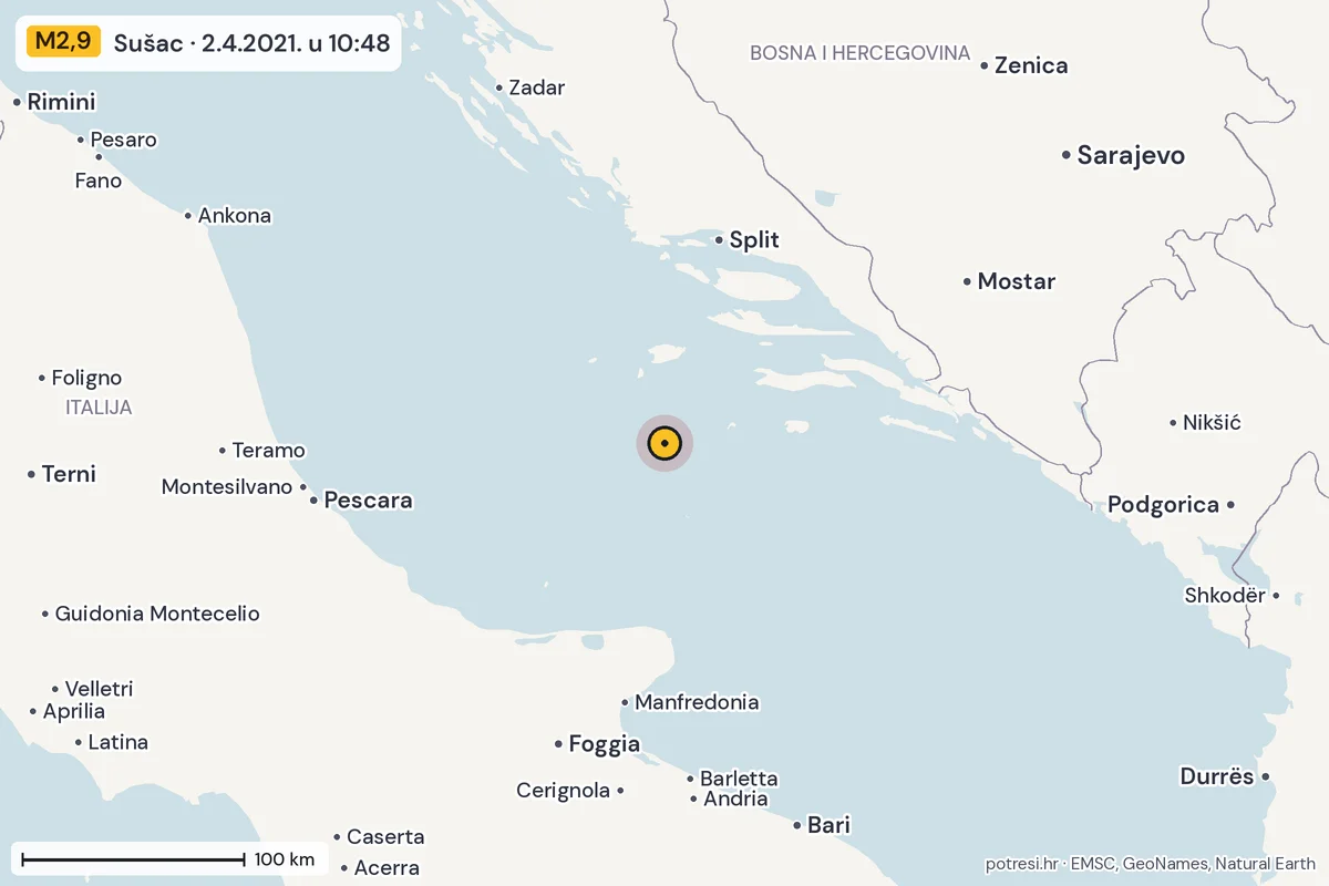 Karta: šire područje, 600 km, potres M2,9, Sušac, 2.4.2021.