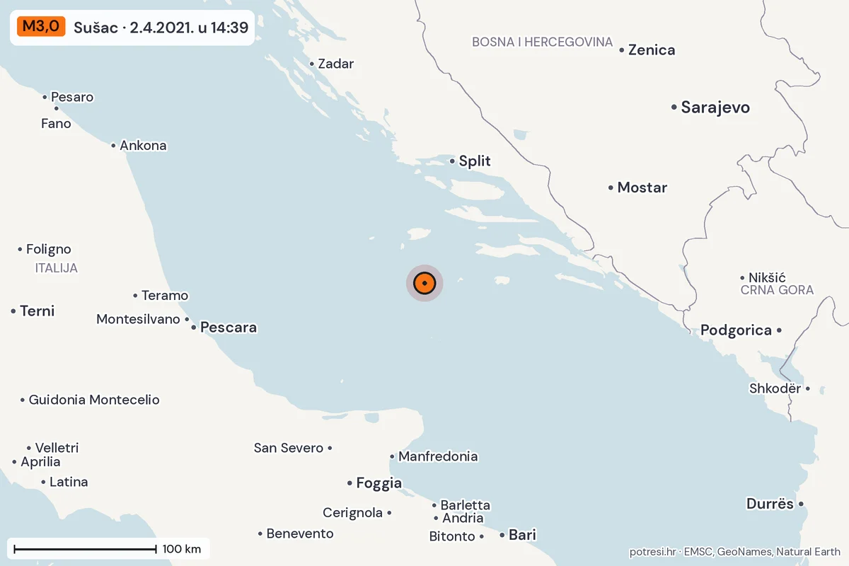 Karta: šire područje, 600 km, potres M3,0, Sušac, 2.4.2021.
