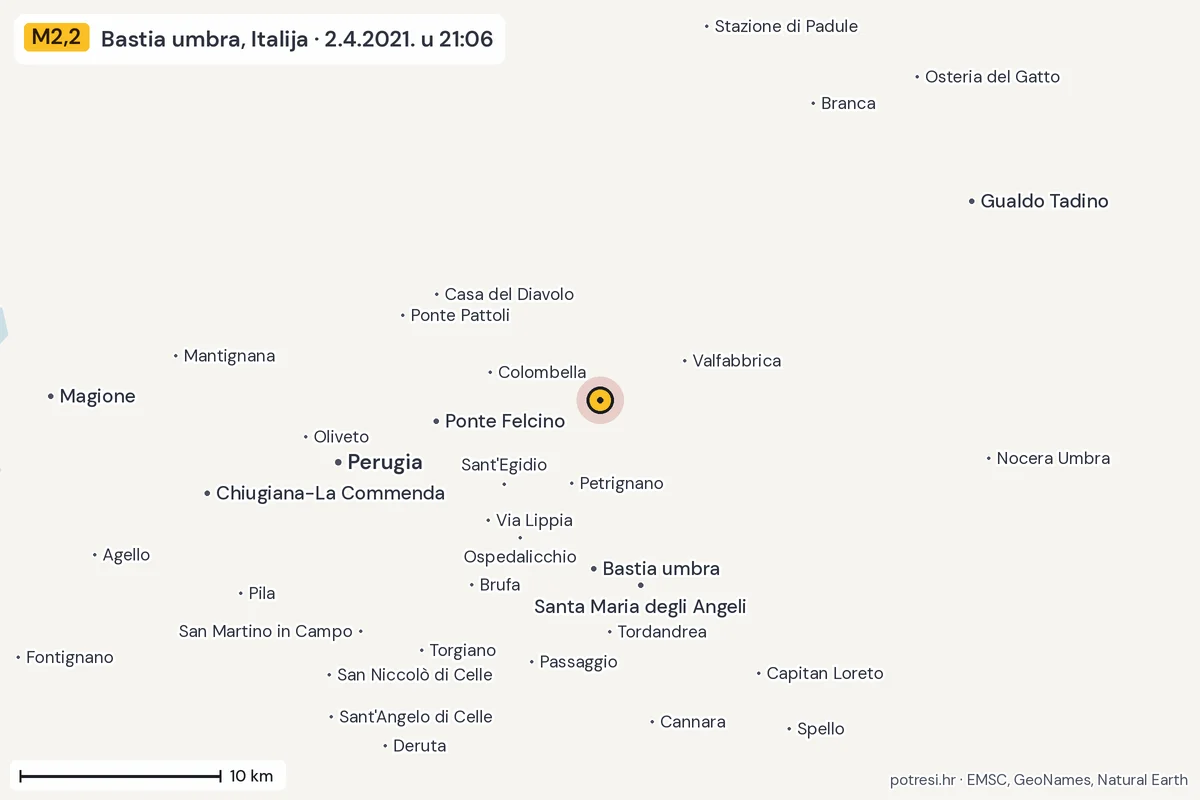 Karta: okolica epicentra, 60 km, potres M2,2, Bastia umbra, Italija, 2.4.2021.