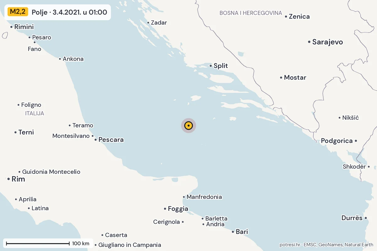 Karta: šire područje, 600 km, potres M2,2, Polje, 3.4.2021.
