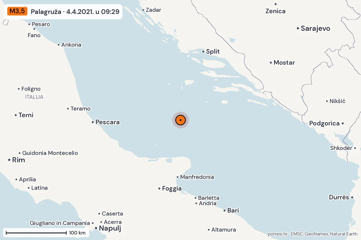 Karta: šire područje, 600 km, potres M3,5, Palagruža, 4.4.2021.