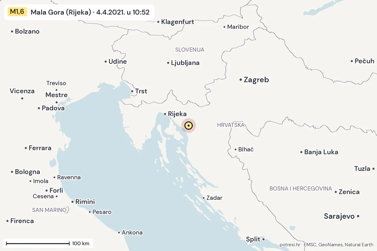 Karta: šire područje, 600 km, potres M1,6, Mala Gora (Rijeka), 4.4.2021.