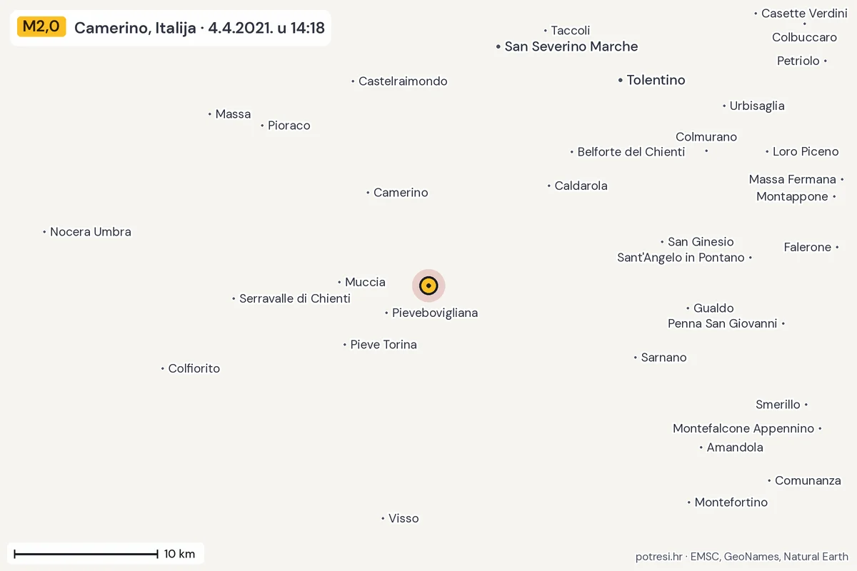 Karta: okolica epicentra, 60 km, potres M2,0, Camerino, Italija, 4.4.2021.