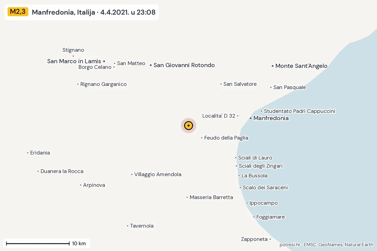 Karta: okolica epicentra, 60 km, potres M2,3, Manfredonia, Italija, 4.4.2021.