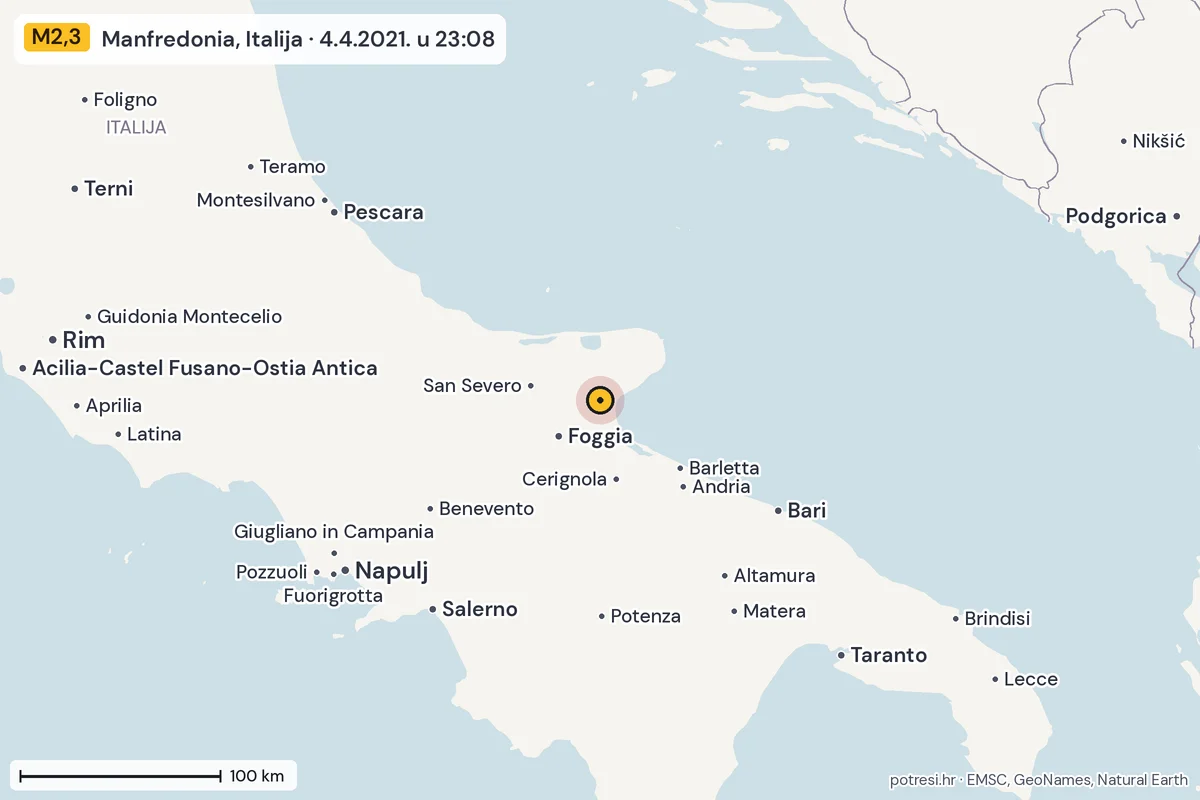 Karta: šire područje, 600 km, potres M2,3, Manfredonia, Italija, 4.4.2021.
