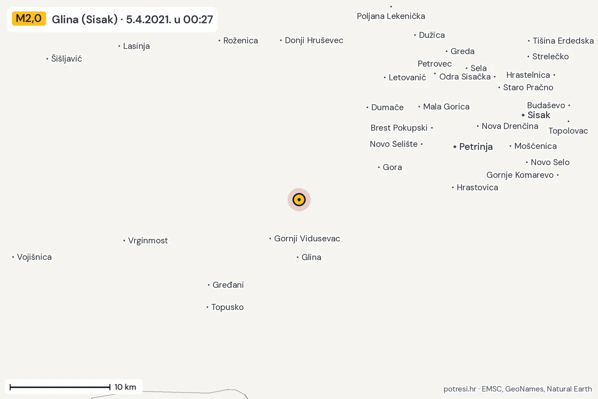 Karta: okolica epicentra, 60 km, potres M2,0, Glina (Sisak), 5.4.2021.