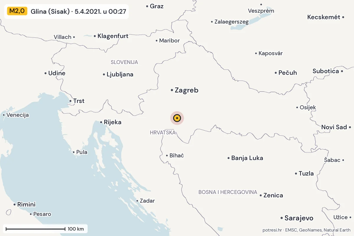 Karta: šire područje, 600 km, potres M2,0, Glina (Sisak), 5.4.2021.