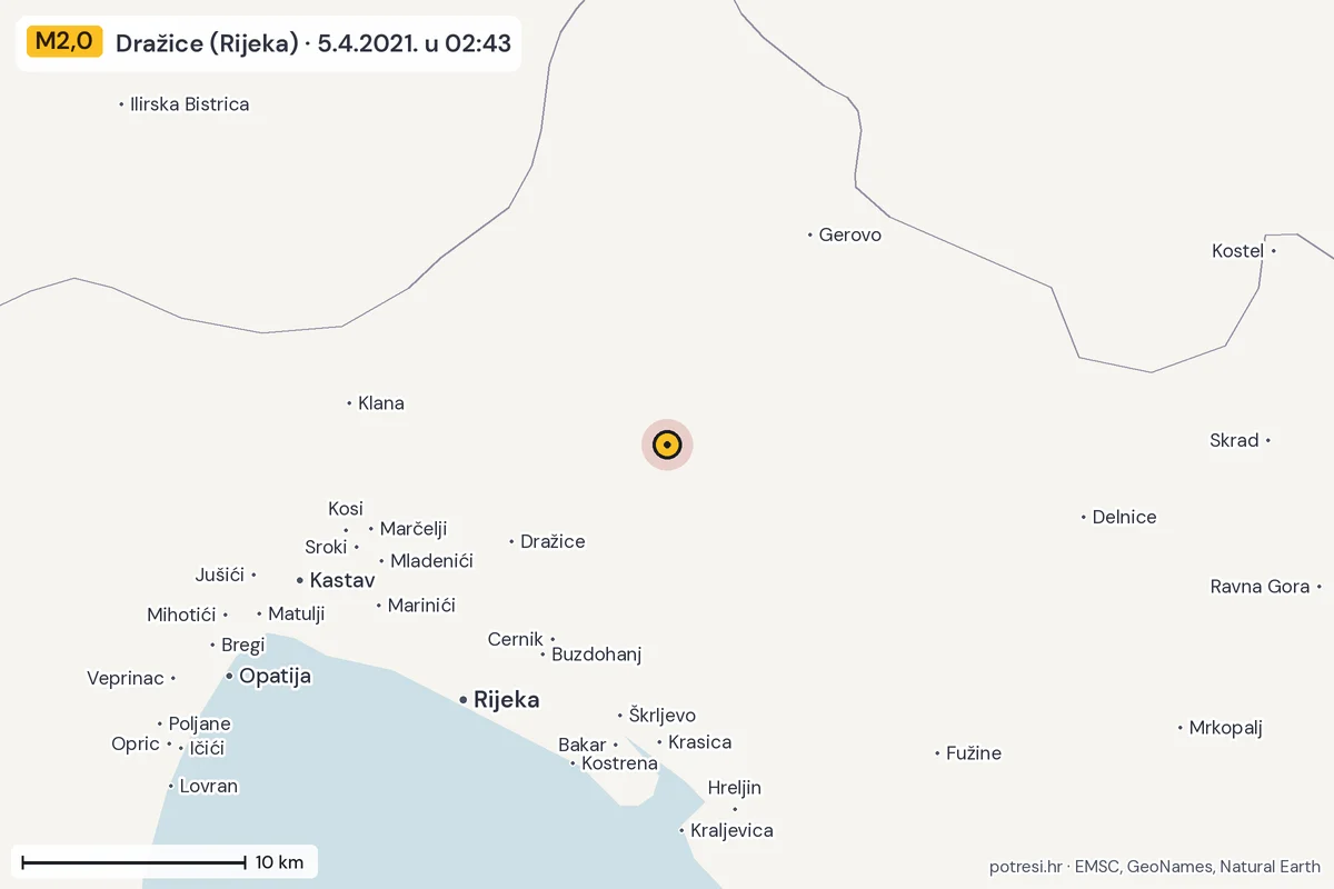 Karta: okolica epicentra, 60 km, potres M2,0, Dražice (Rijeka), 5.4.2021.