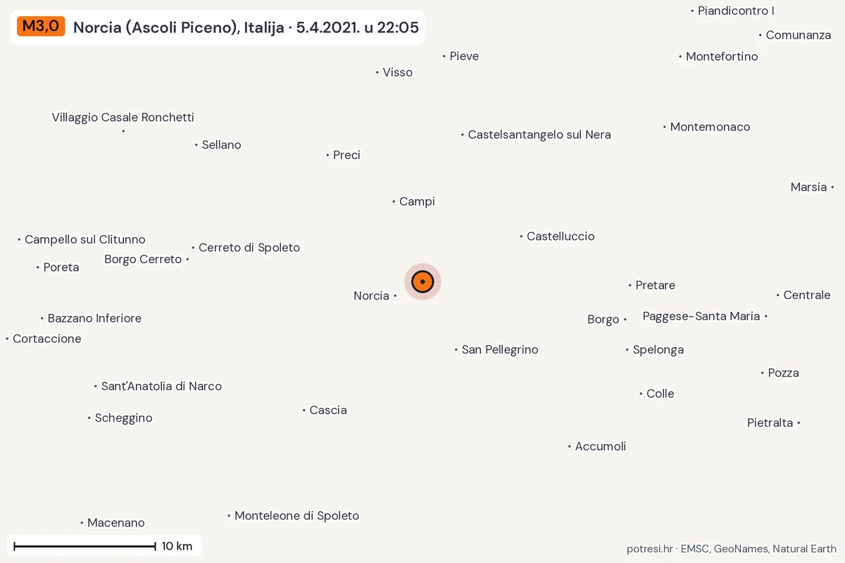Karta: okolica epicentra, 60 km, potres M3,0, Norcia (Ascoli Piceno), Italija, 5.4.2021.