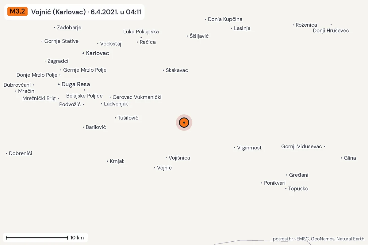 Karta: okolica epicentra, 60 km, potres M3,2, Vojnić (Karlovac), 6.4.2021.