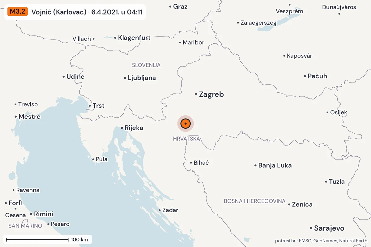 Karta: šire područje, 600 km, potres M3,2, Vojnić (Karlovac), 6.4.2021.