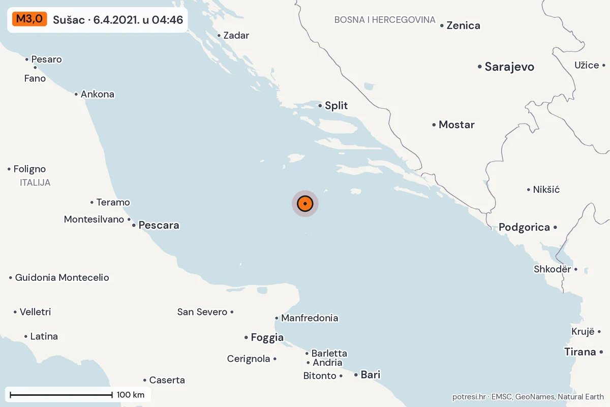 Karta: šire područje, 600 km, potres M3,0, Sušac, 6.4.2021.