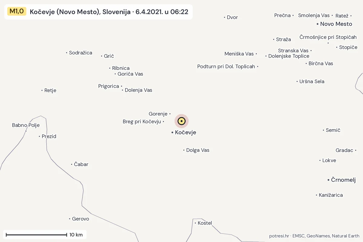 Karta: okolica epicentra, 60 km, potres M1,0, Kočevje (Novo Mesto), Slovenija, 6.4.2021.