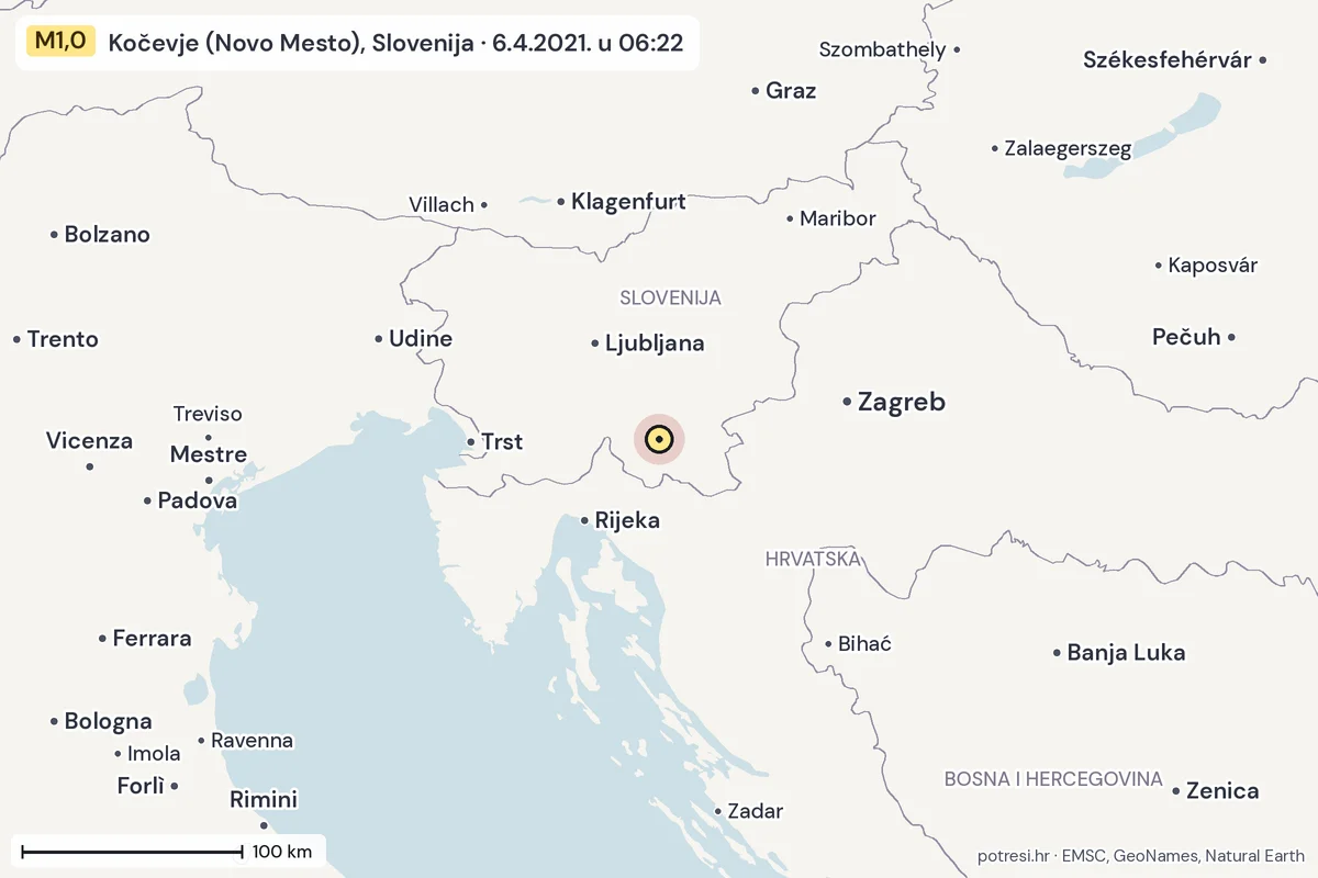 Karta: šire područje, 600 km, potres M1,0, Kočevje (Novo Mesto), Slovenija, 6.4.2021.