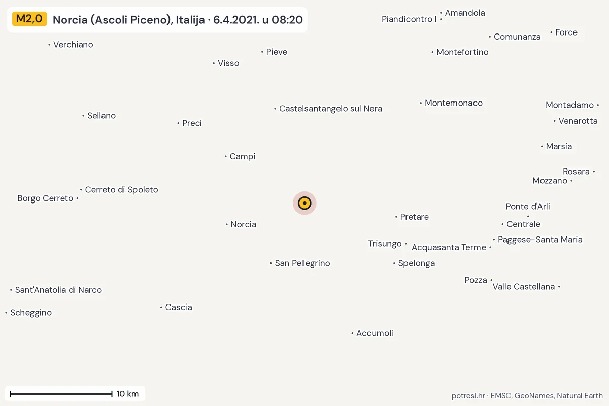 Karta: okolica epicentra, 60 km, potres M2,0, Norcia (Ascoli Piceno), Italija, 6.4.2021.