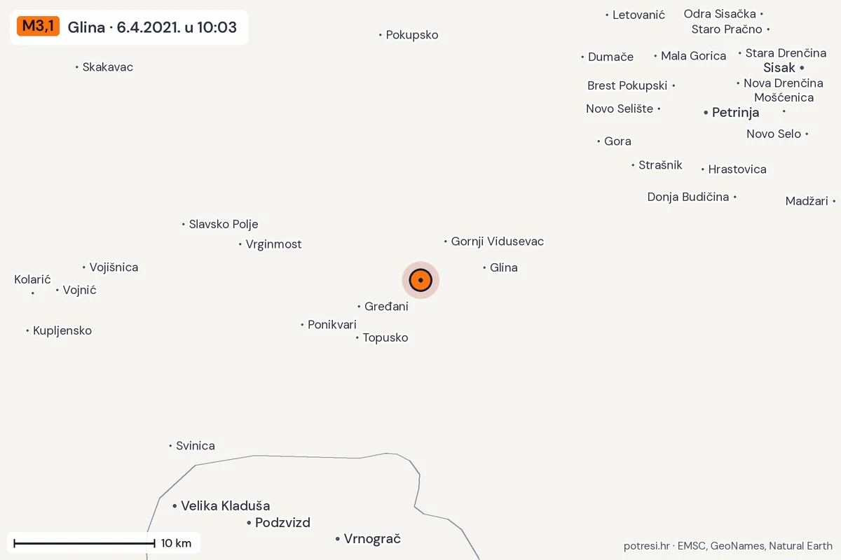 Karta: okolica epicentra, 60 km, potres M3,1, Glina, 6.4.2021.