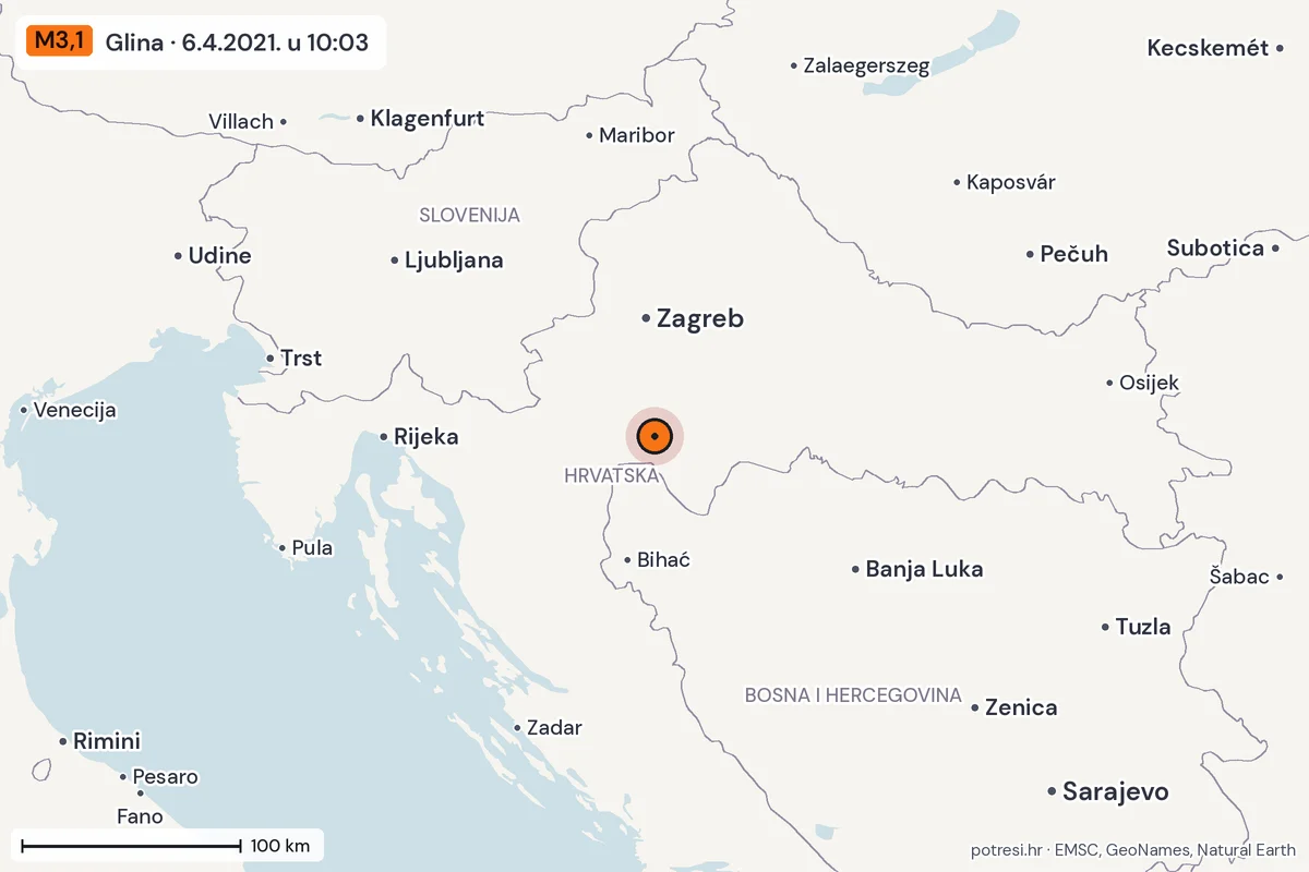 Karta: šire područje, 600 km, potres M3,1, Glina, 6.4.2021.