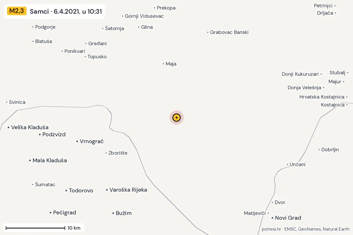 Karta: okolica epicentra, 60 km, potres M2,3, Samci, 6.4.2021.
