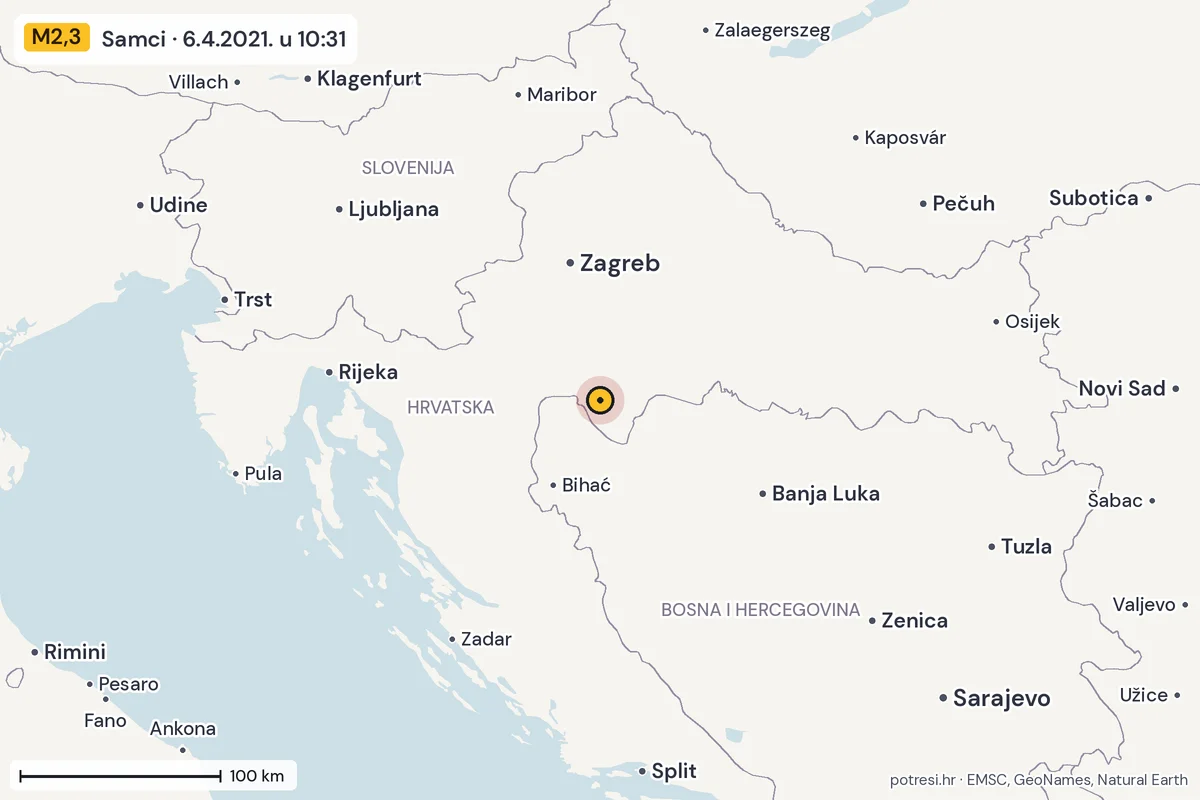 Karta: šire područje, 600 km, potres M2,3, Samci, 6.4.2021.