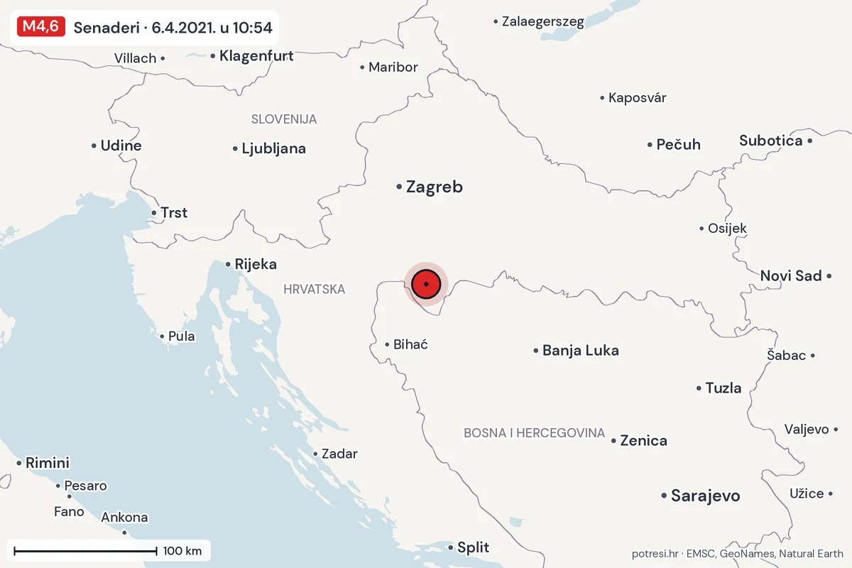 Karta: šire područje, 600 km, potres M4,6, Senaderi, 6.4.2021.