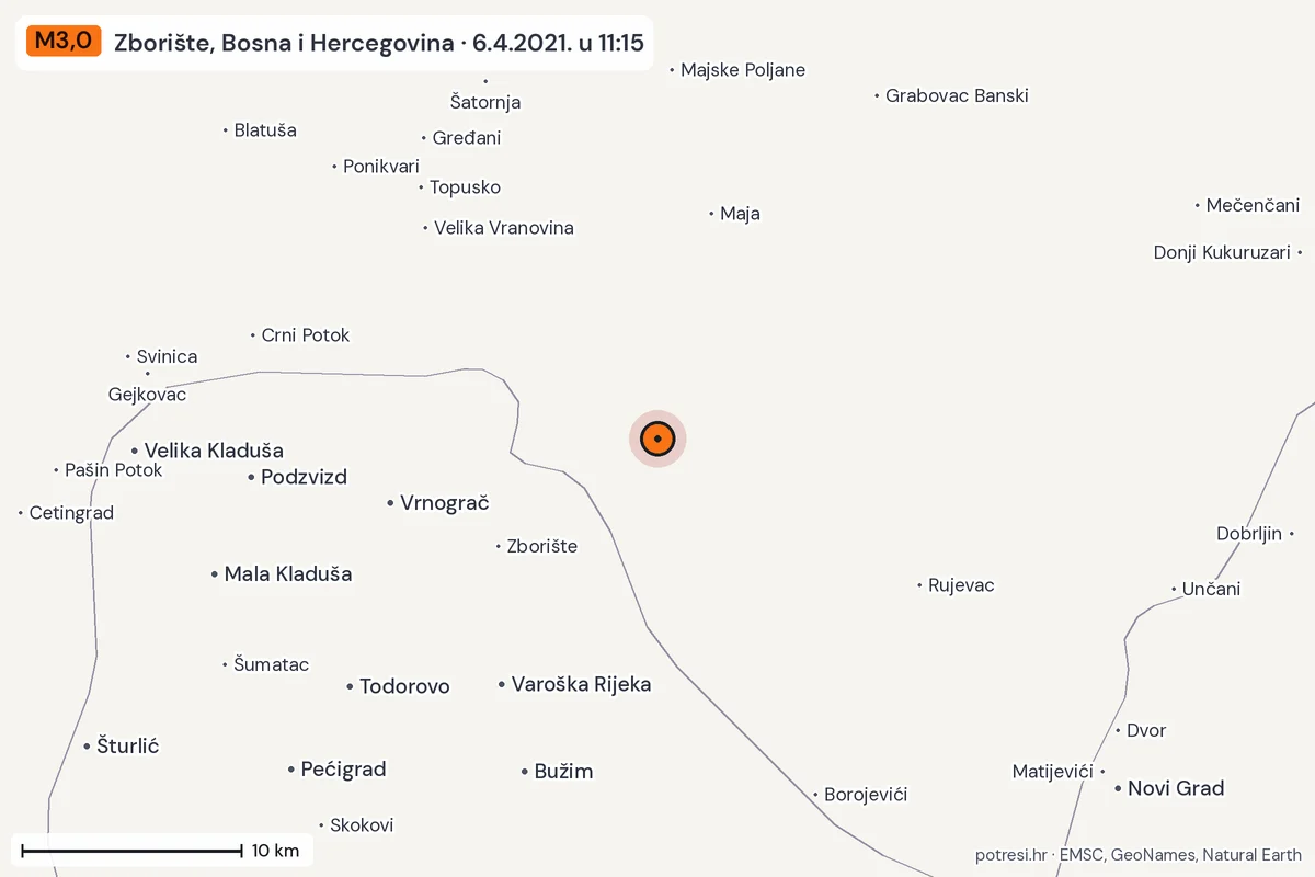 Karta: okolica epicentra, 60 km, potres M3,0, Zborište, Bosna i Hercegovina, 6.4.2021.