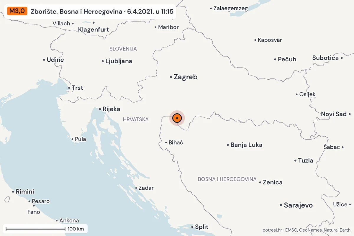 Karta: šire područje, 600 km, potres M3,0, Zborište, Bosna i Hercegovina, 6.4.2021.