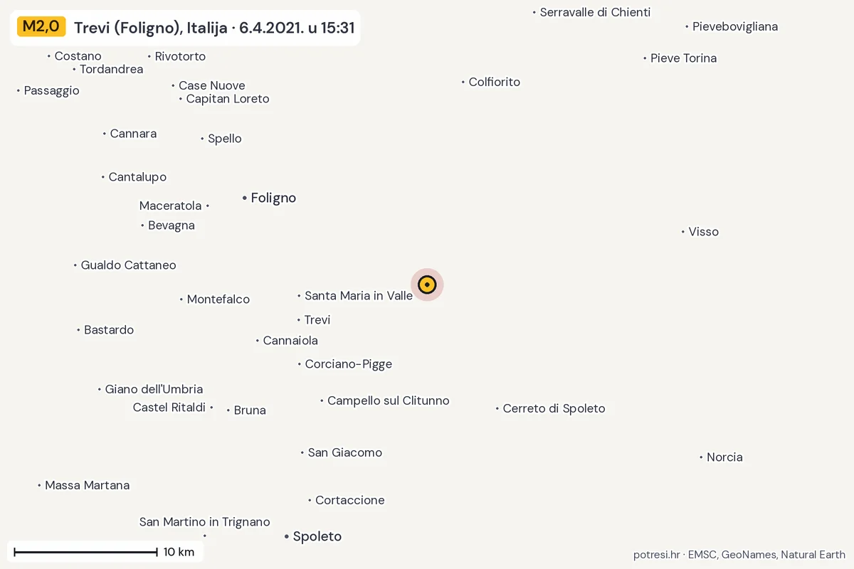 Karta: okolica epicentra, 60 km, potres M2,0, Trevi (Foligno), Italija, 6.4.2021.