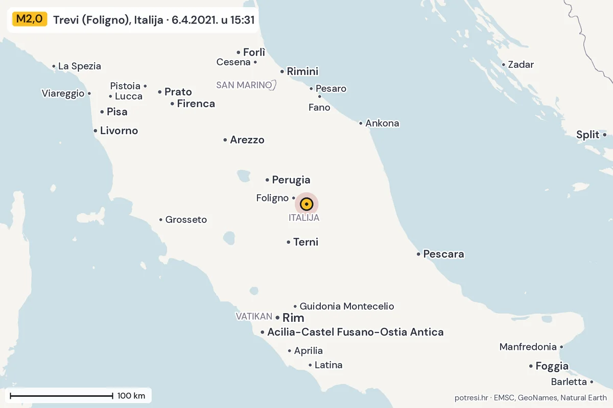 Karta: šire područje, 600 km, potres M2,0, Trevi (Foligno), Italija, 6.4.2021.