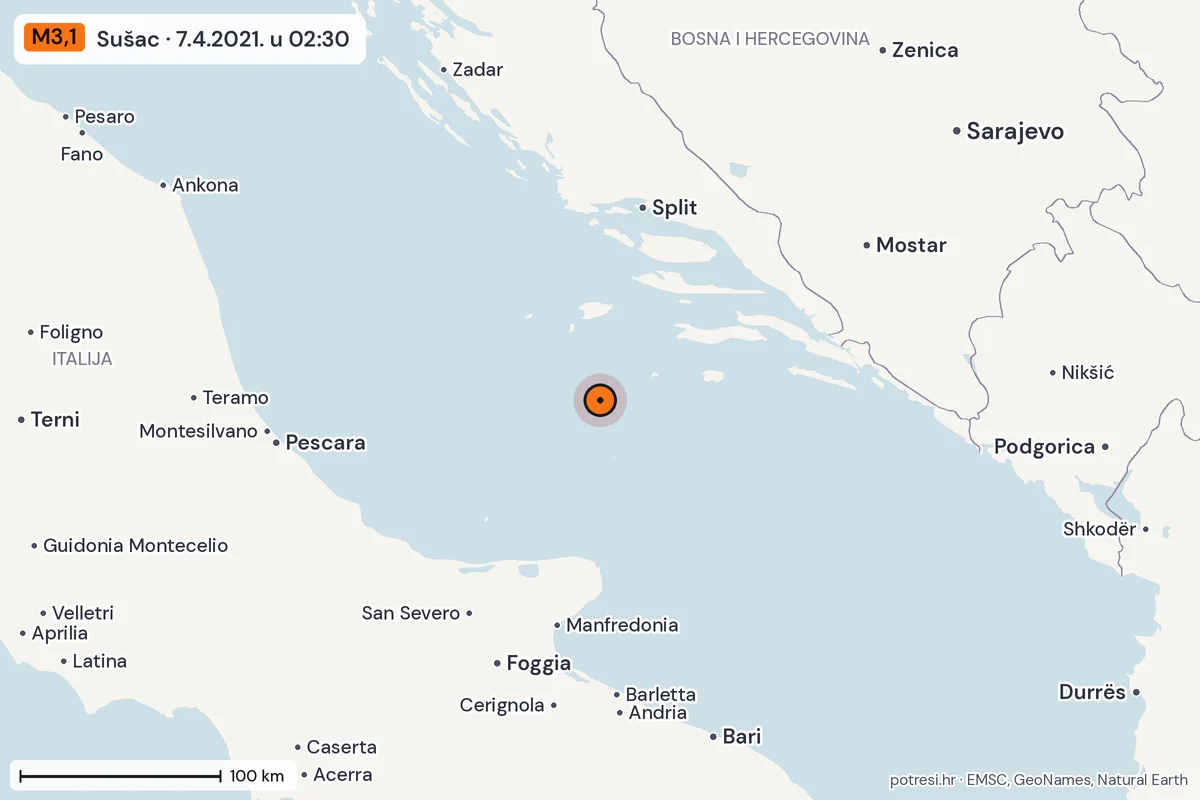 Karta: šire područje, 600 km, potres M3,1, Sušac, 7.4.2021.