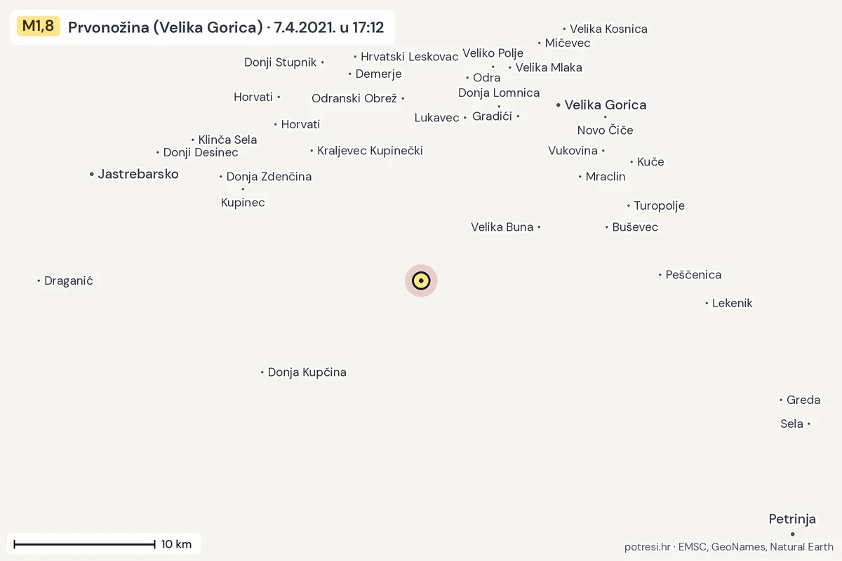 Karta: okolica epicentra, 60 km, potres M1,8, Prvonožina (Velika Gorica), 7.4.2021.