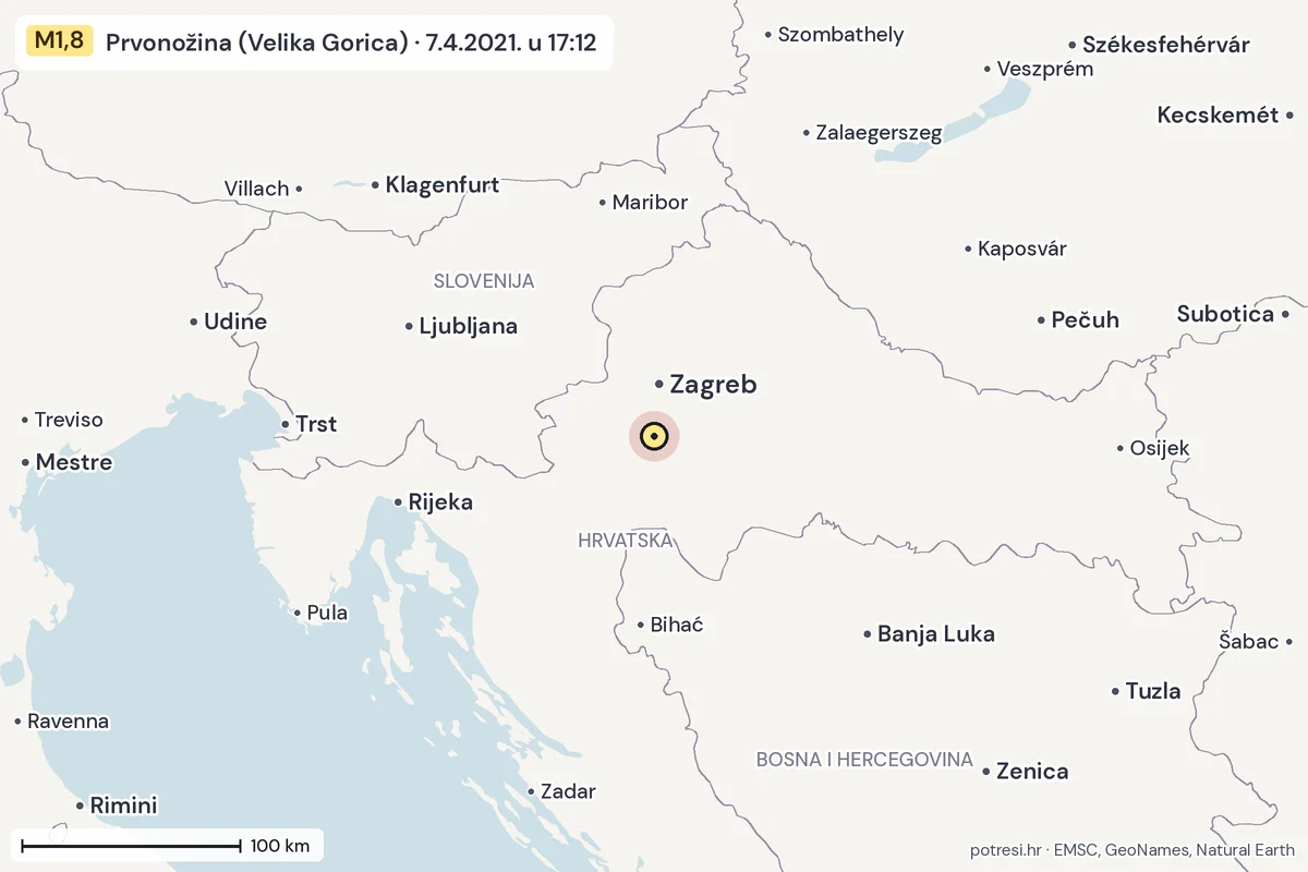 Karta: šire područje, 600 km, potres M1,8, Prvonožina (Velika Gorica), 7.4.2021.