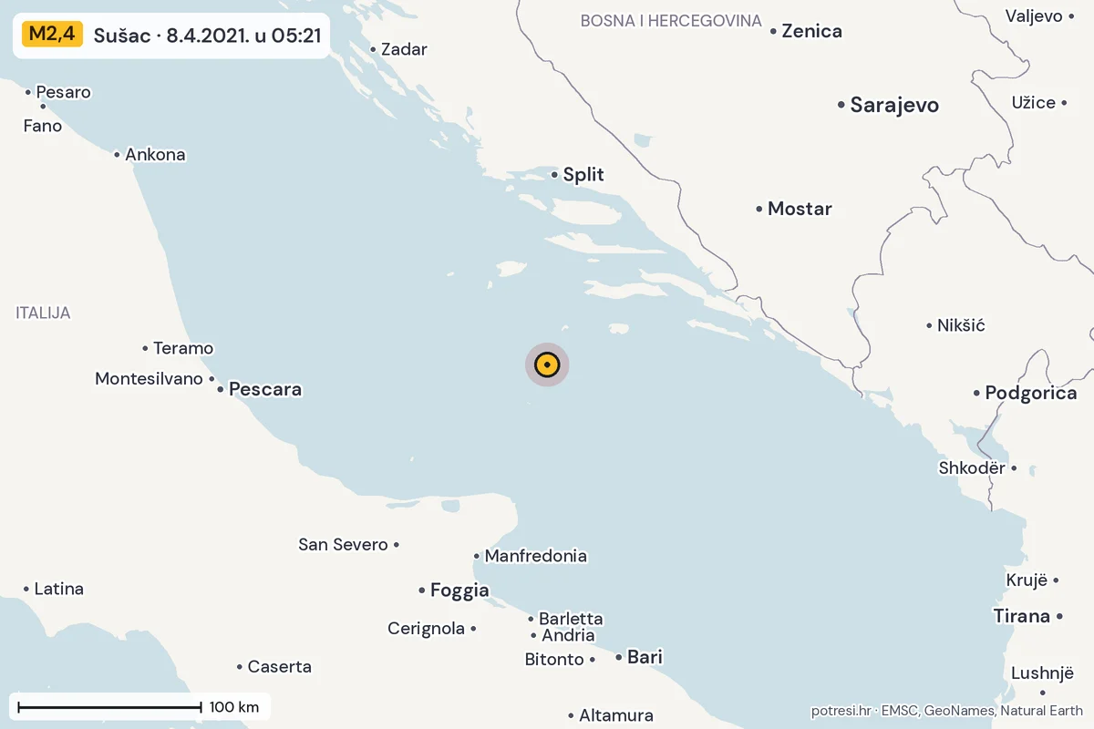 Karta: šire područje, 600 km, potres M2,4, Sušac, 8.4.2021.