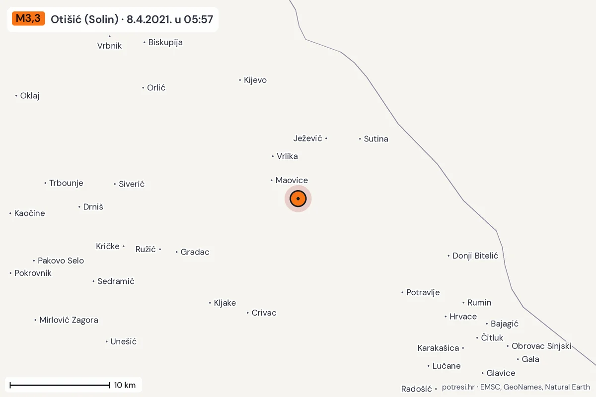 Karta: okolica epicentra, 60 km, potres M3,3, Otišić (Solin), 8.4.2021.