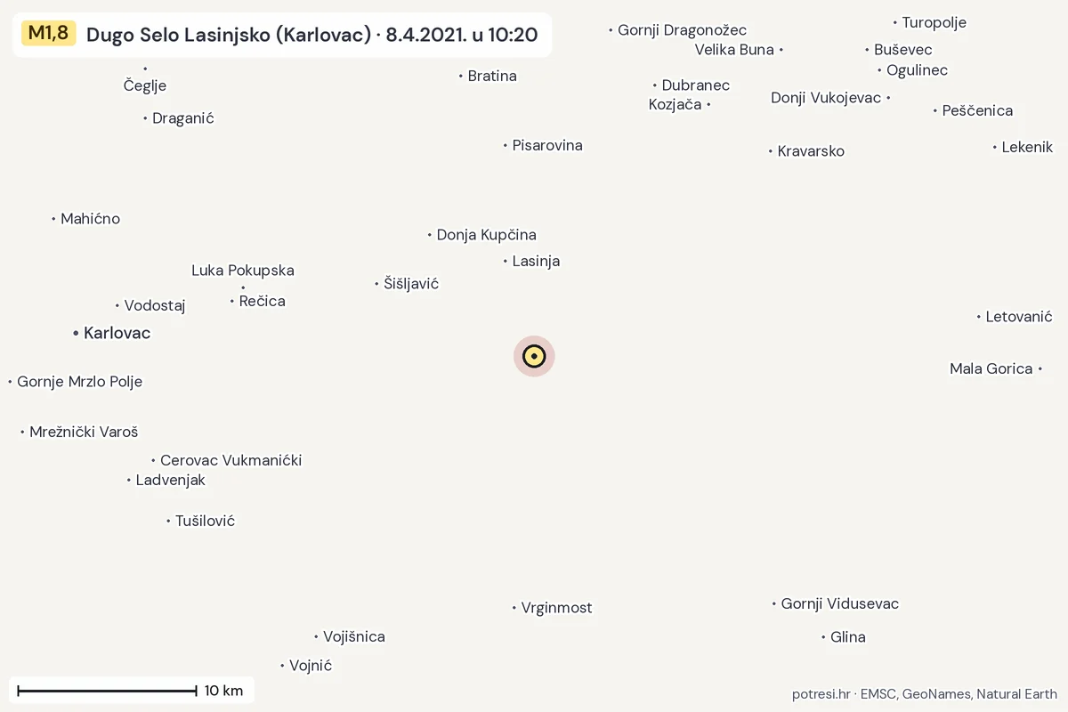 Karta: okolica epicentra, 60 km, potres M1,8, Dugo Selo Lasinjsko (Karlovac), 8.4.2021.