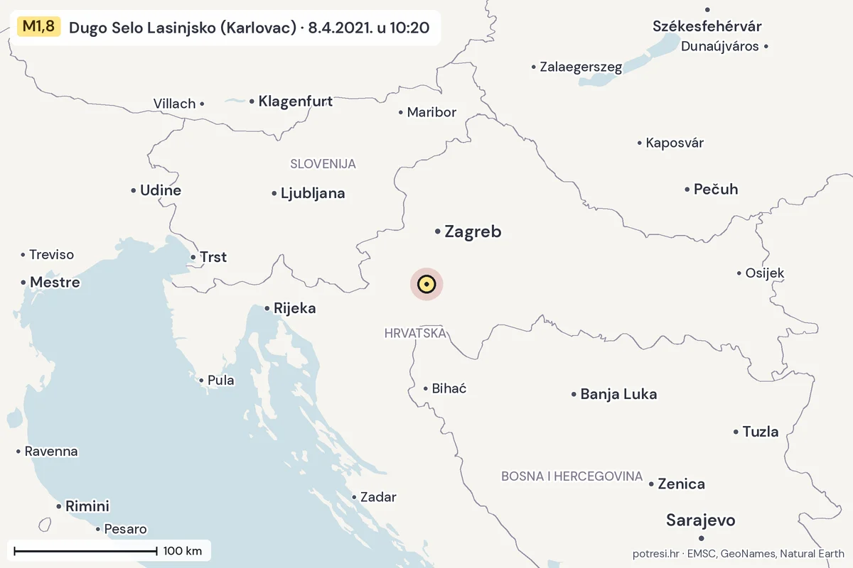 Karta: šire područje, 600 km, potres M1,8, Dugo Selo Lasinjsko (Karlovac), 8.4.2021.