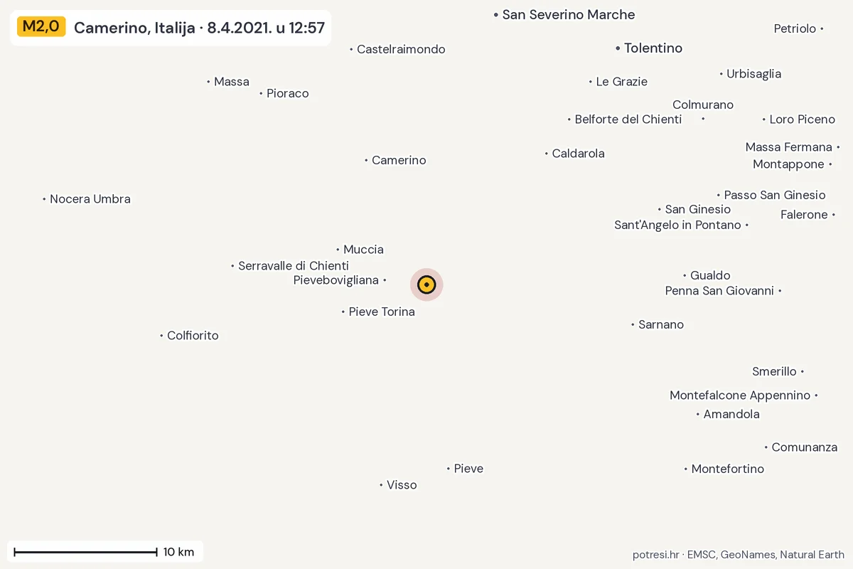 Karta: okolica epicentra, 60 km, potres M2,0, Camerino, Italija, 8.4.2021.