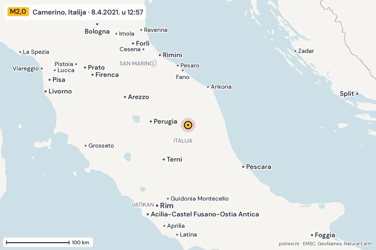 Karta: šire područje, 600 km, potres M2,0, Camerino, Italija, 8.4.2021.