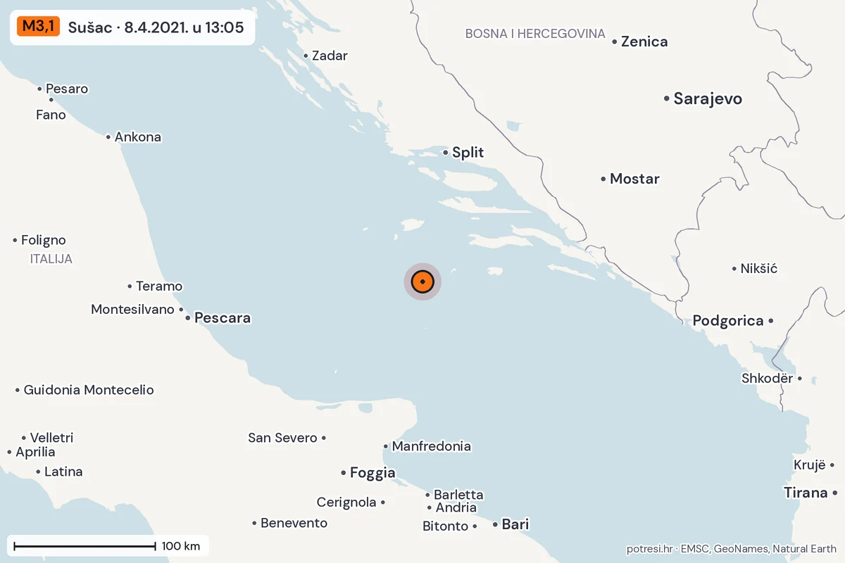 Karta: šire područje, 600 km, potres M3,1, Sušac, 8.4.2021.