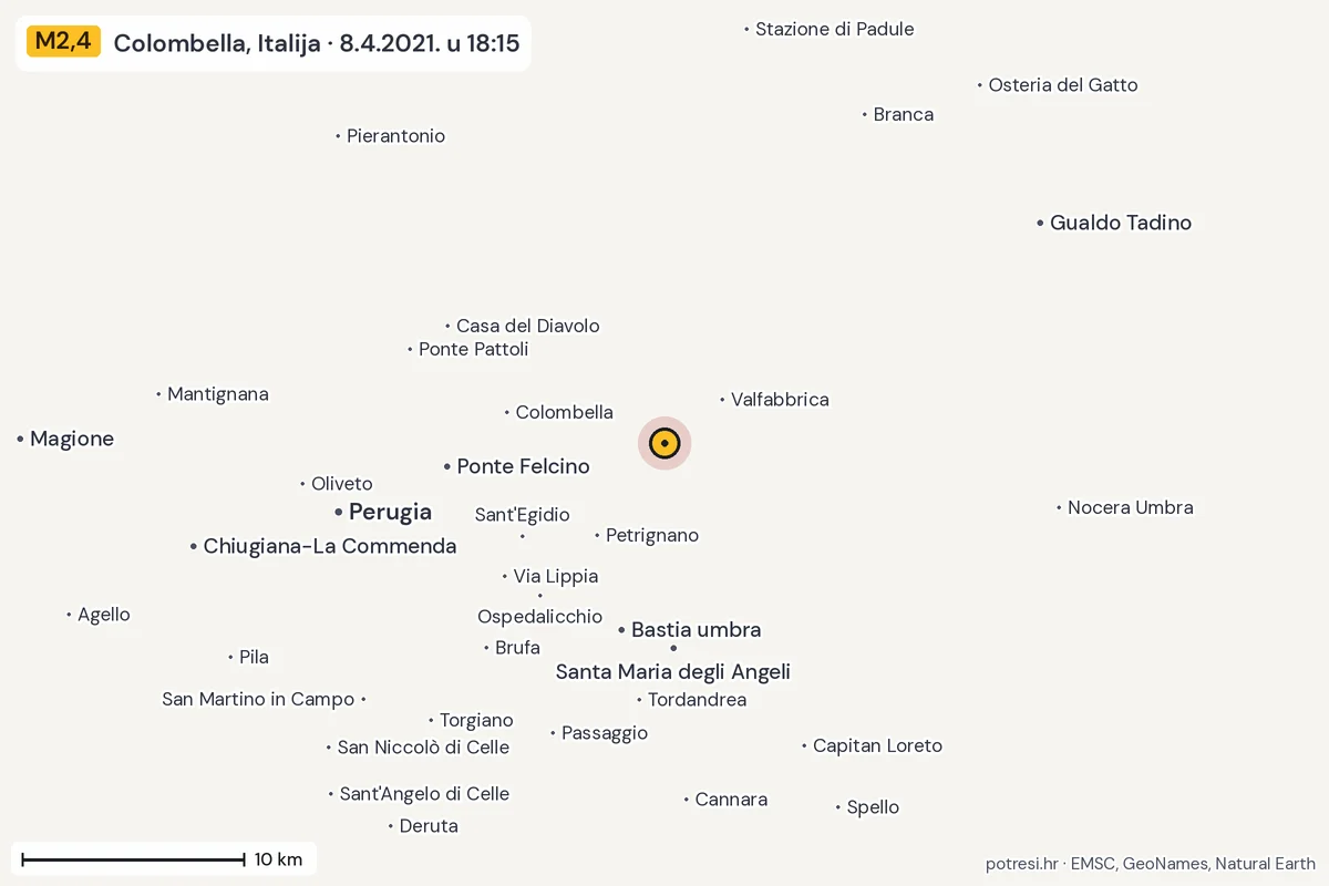 Karta: okolica epicentra, 60 km, potres M2,4, Colombella, Italija, 8.4.2021.