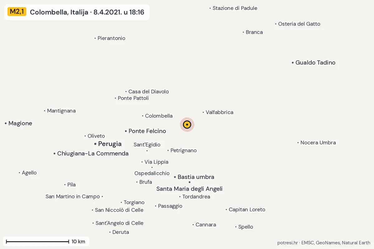 Karta: okolica epicentra, 60 km, potres M2,1, Colombella, Italija, 8.4.2021.