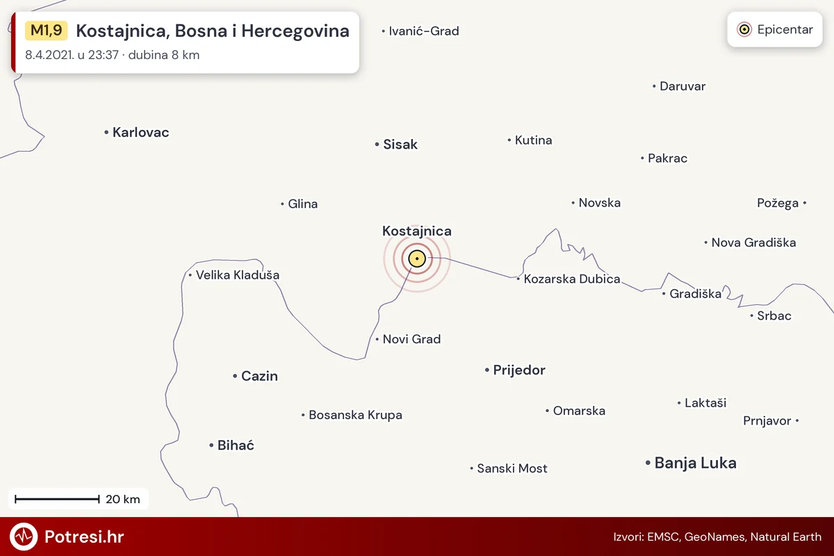 Karta: šire područje i vjerojatni doseg osjeta, potres M1,9, Kostajnica, Bosna i Hercegovina, 8.4.2021.