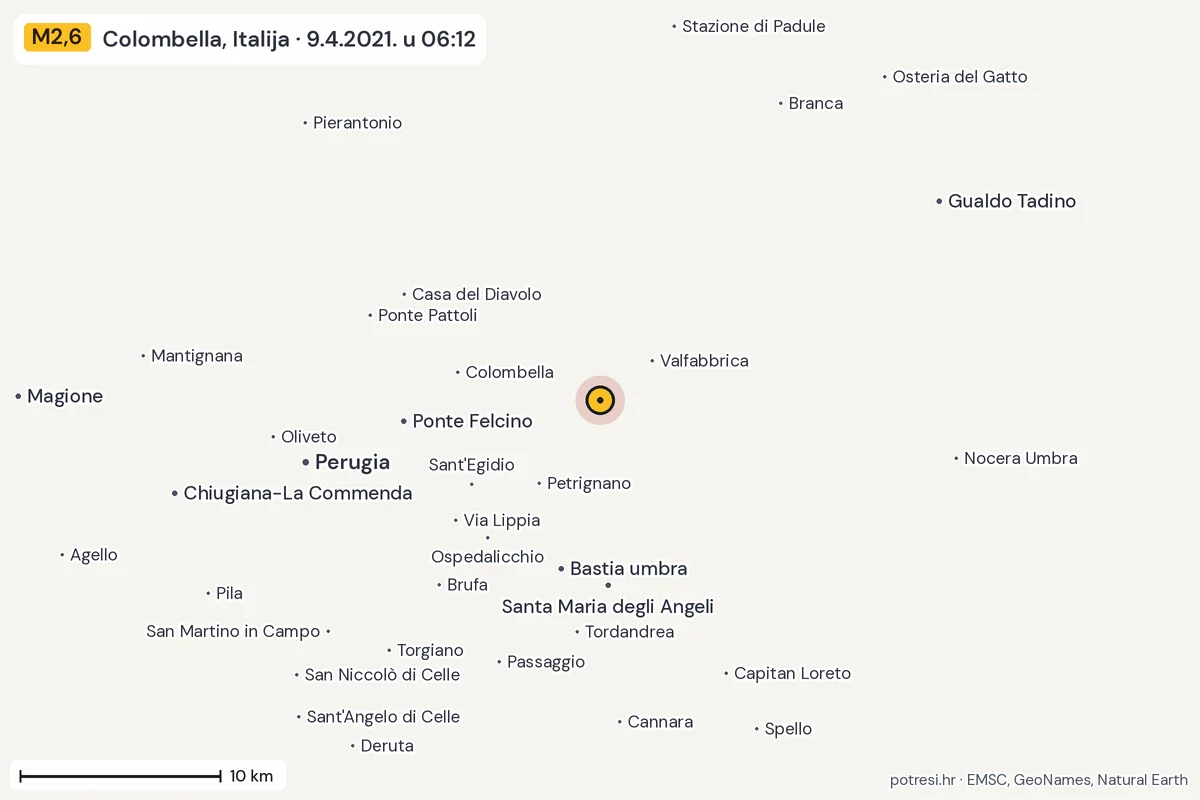 Karta: okolica epicentra, 60 km, potres M2,6, Colombella, Italija, 9.4.2021.