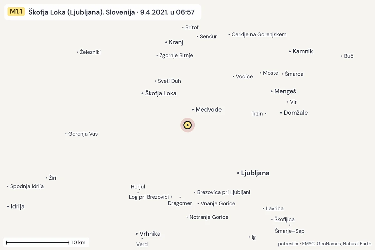 Karta: okolica epicentra, 60 km, potres M1,1, Škofja Loka (Ljubljana), Slovenija, 9.4.2021.