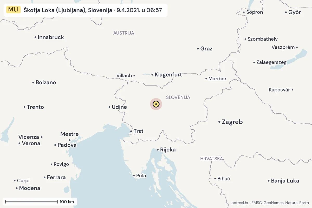 Karta: šire područje, 600 km, potres M1,1, Škofja Loka (Ljubljana), Slovenija, 9.4.2021.