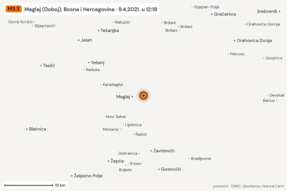 Karta: okolica epicentra, 60 km, potres M3,3, Maglaj (Doboj), Bosna i Hercegovina, 9.4.2021.
