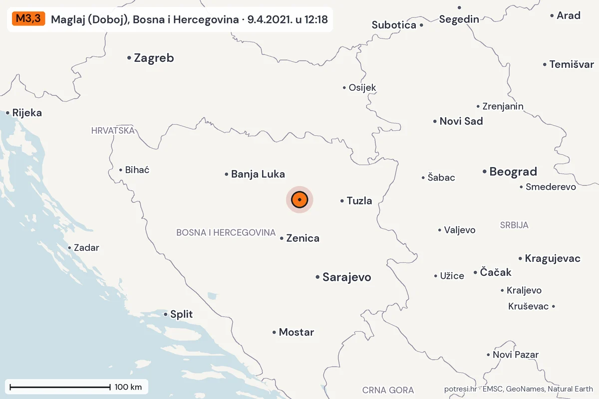 Karta: šire područje, 600 km, potres M3,3, Maglaj (Doboj), Bosna i Hercegovina, 9.4.2021.