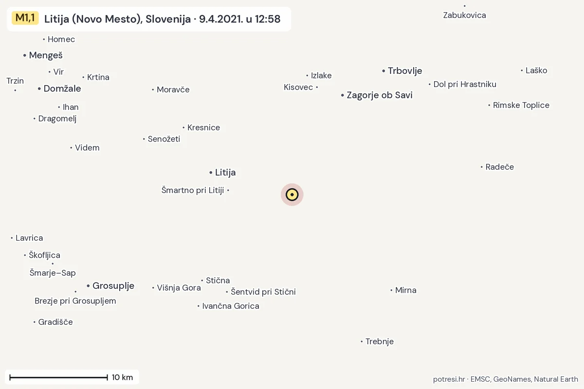 Karta: okolica epicentra, 60 km, potres M1,1, Litija (Novo Mesto), Slovenija, 9.4.2021.